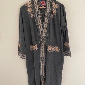 JOHNNY WAS Embroidered Grey Duster/Dress with Wrap Front; XS; P2P: 19.5": NWOT!!